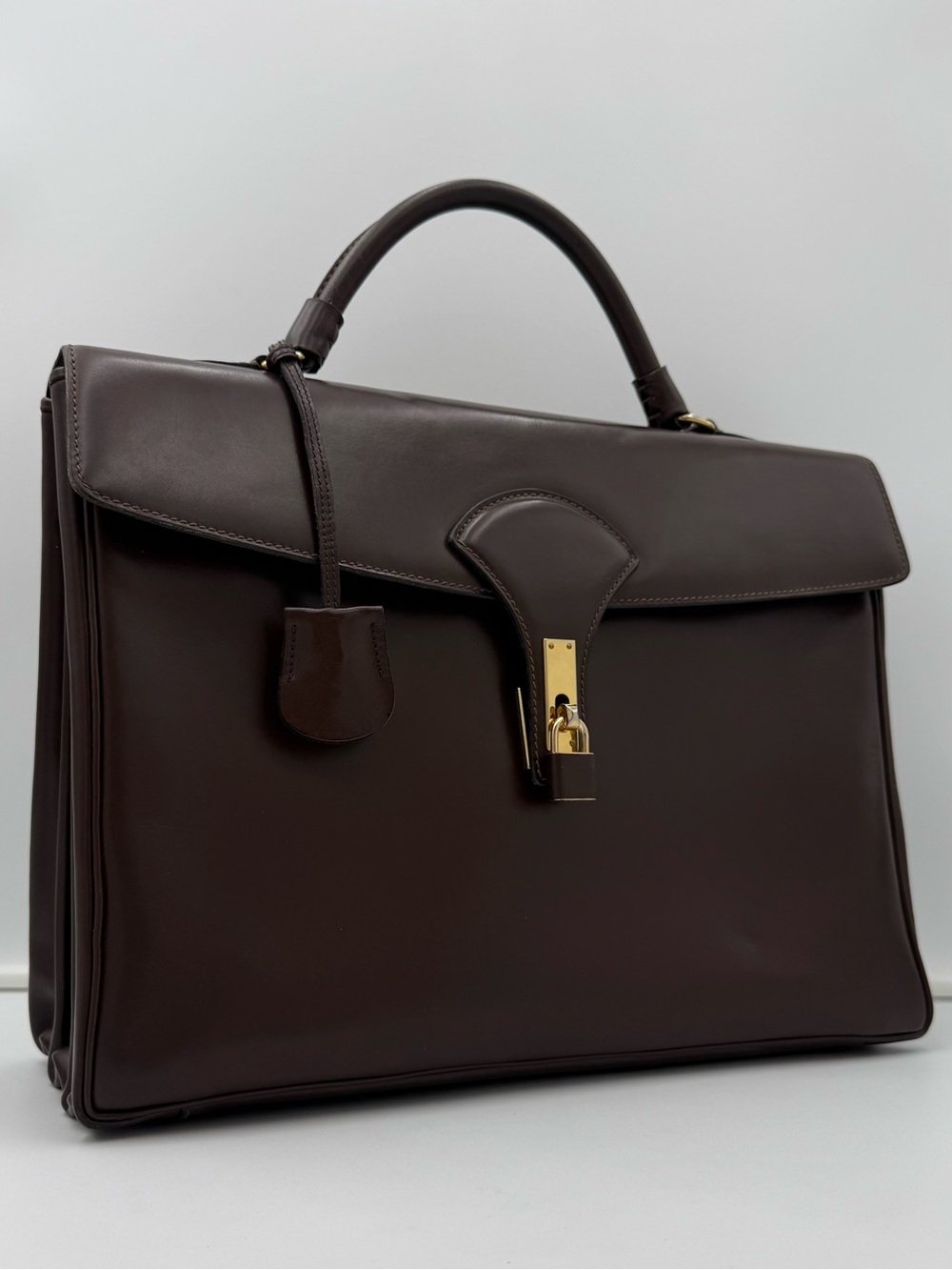 🇮🇹COLOMBO 1937 MILANO • Unisex Brown Box Calf 38 Bag (Kelly Sac à Dépêches Type)